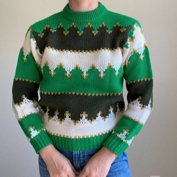Vintage Nan Dorsey 1970s Retro Striped Chunky Wool Green Preppy Sweater Sz M - Picture 3 of 9